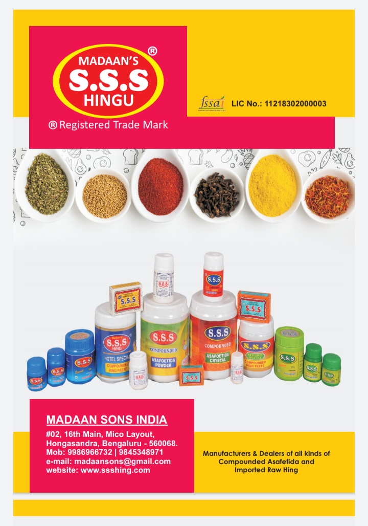 S.S.S Hingu product range including various spice containers and powders